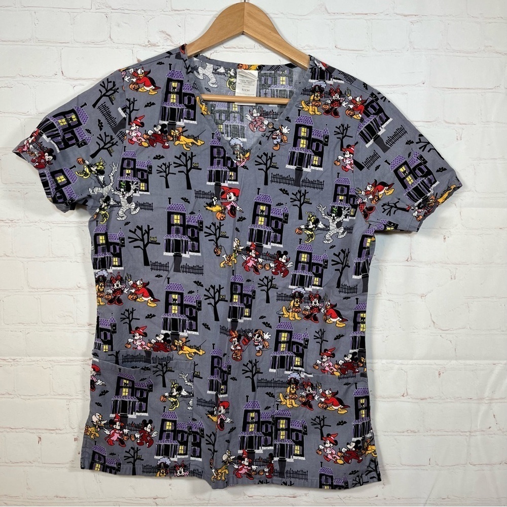 Disney Halloween Mickey Mouse Minnie Pluto Scrub Top Women’s Small Gray